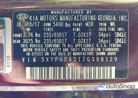 2018 Kia Sorento 2.4L Lx z USA, uszkodzony, nr VIN 5XYPGDA31JG398129